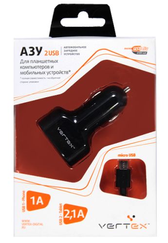 АЗУ micro USB 3.1А(2.1А+1A) 2USBпорта VERTEX  черный  Slim Line оптом, в розницу Центр Компаньон фото 2